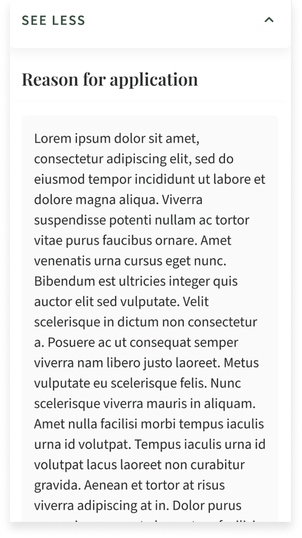 Screenshot of a section titled 'Reason for application' with placeholder text in paragraph format.