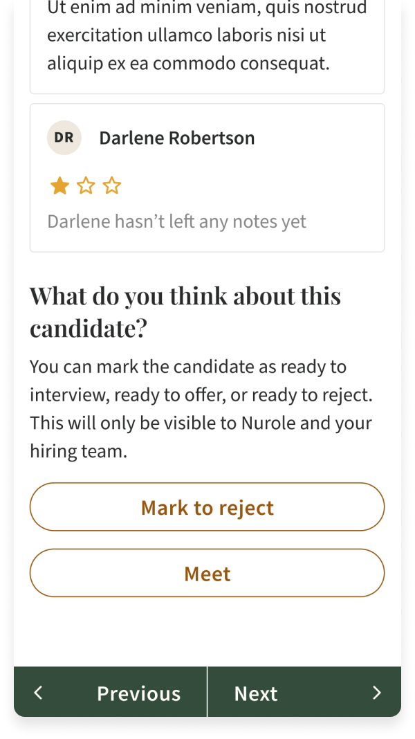 Screen showing a candidate evaluation interface with candidate name Darlene Robertson, a one-star rating, and options to mark as 'Mark to reject' or 'Meet'. Navigation buttons labeled 'Previous' and 'Next' at the bottom.