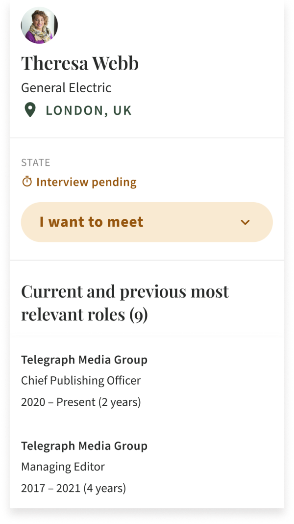 Profile page of Theresa Webb, a General Electric employee in London, UK, showing her current job as Chief Publishing Officer at Telegraph Media Group and previous role as Managing Editor, with a pending interview status.