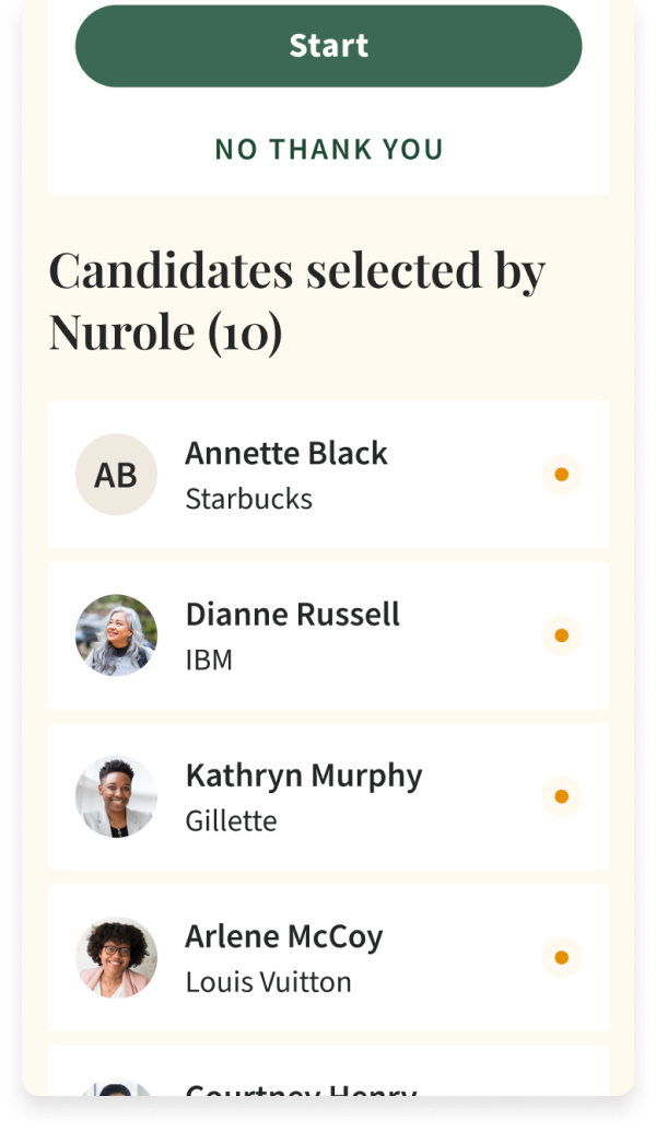 A screenshot of a mobile app screen showing a list of selected candidates with their names, profile pictures, and companies. The top has a green 'Start' button and a 'NO THANK YOU' option. The list includes candidates Annette Black from Starbucks, Di