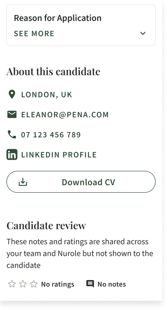 A mobile app screen showing candidate profile details, including location (London, UK), email, phone number, LinkedIn profile link, button to download CV, and candidate review section with no ratings or notes.