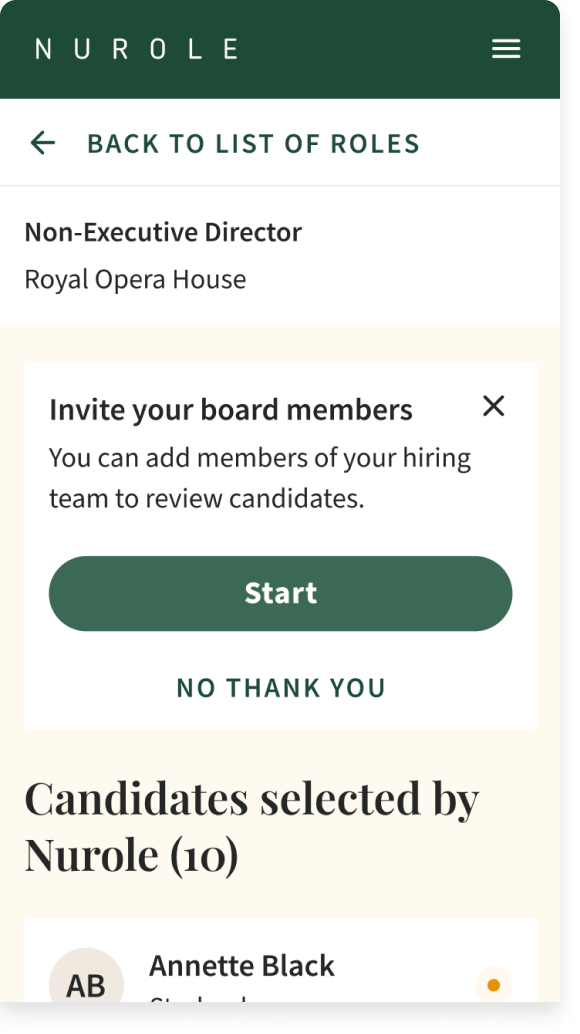 Mobile screen showing a page from the Nurole app with a list of roles, including 'Non-Executive Director' at the Royal Opera House, and options to invite board members or skip. There is a list of candidates with names and initials.