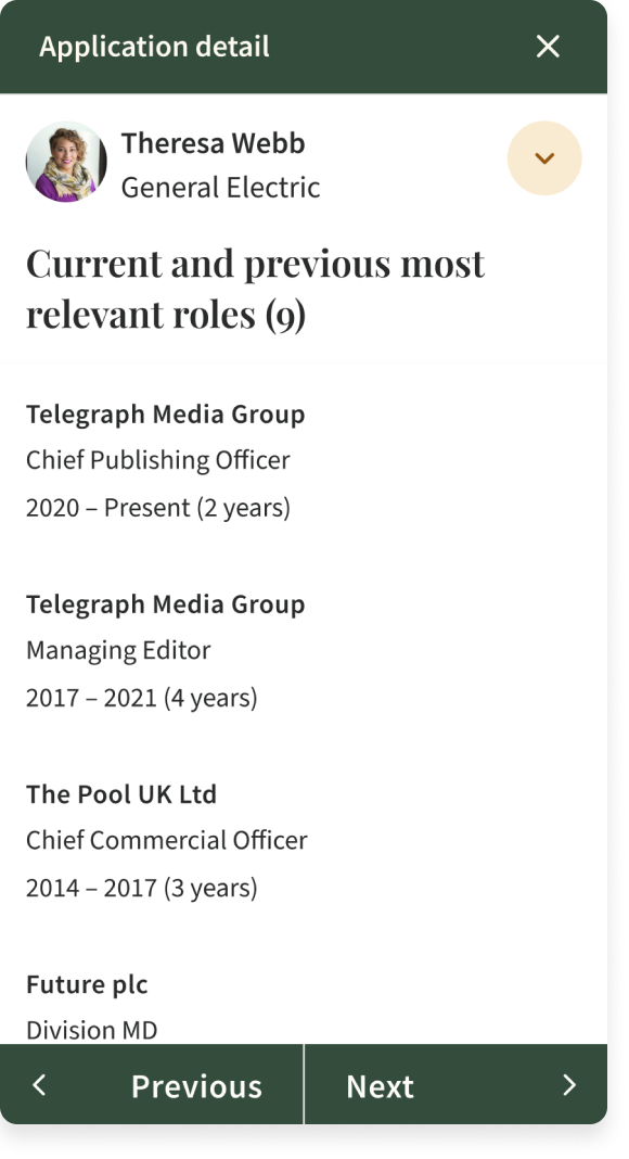 Screen displaying a professional profile of Theresa Webb, General Electric, with her employment history listing roles at Telegraph Media Group, The Pool UK Ltd, and Future plc.