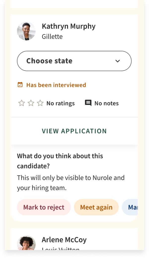A mobile app screen showing a candidate profile for Kathryn Murphy from Gillette, with options to choose state, interview status, and feedback buttons, along with another candidate Arlene McCoy at the bottom.