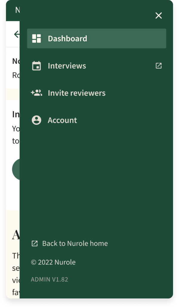 Screenshot of a mobile app menu with options: Dashboard, Interviews, Invite reviewers, Account, Back to Nurole home.