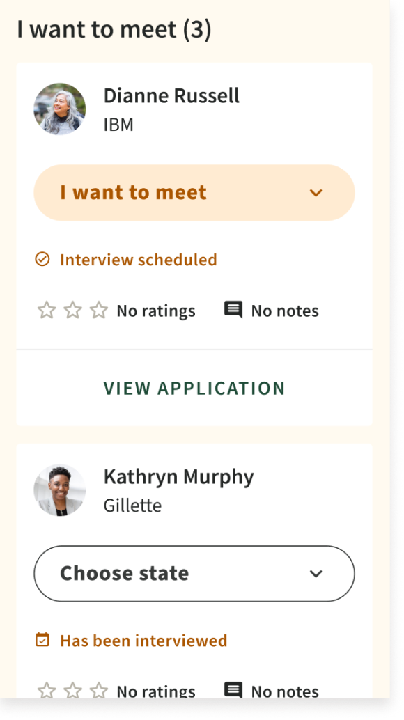 A mobile app screen showing a list of candidates for a meeting. Dianne Russell from IBM is scheduled for an interview; Kathryn Murphy from Gillette has already been interviewed. Options to view application and select state are visible.