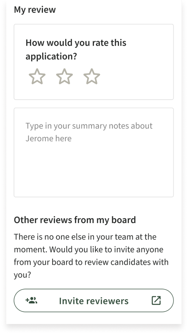 Mobile app review interface with a question to rate an application using stars, a notes section for a review, and an invite reviewers button.