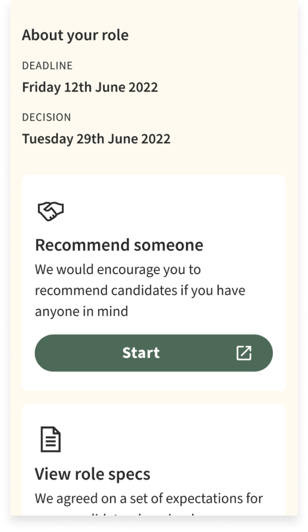 Screen displaying a professional role setting with deadlines, decision date, options to recommend someone, start button, and view role specs.