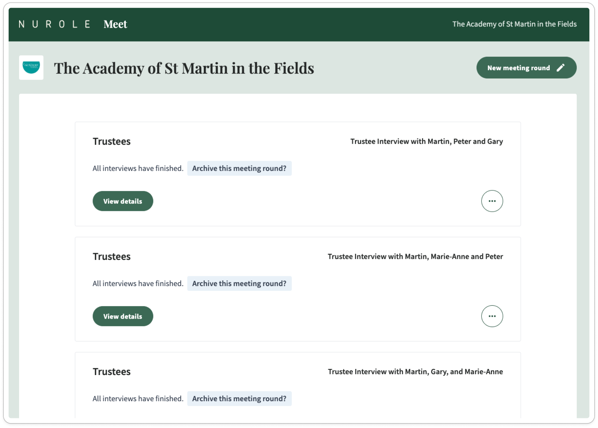 Screenshot of a webpage showing a meeting management platform for 'The Academy of St Martin in the Fields'. The page has sections for trustees and interviews, with buttons labeled 'View details' and options to archive meetings.