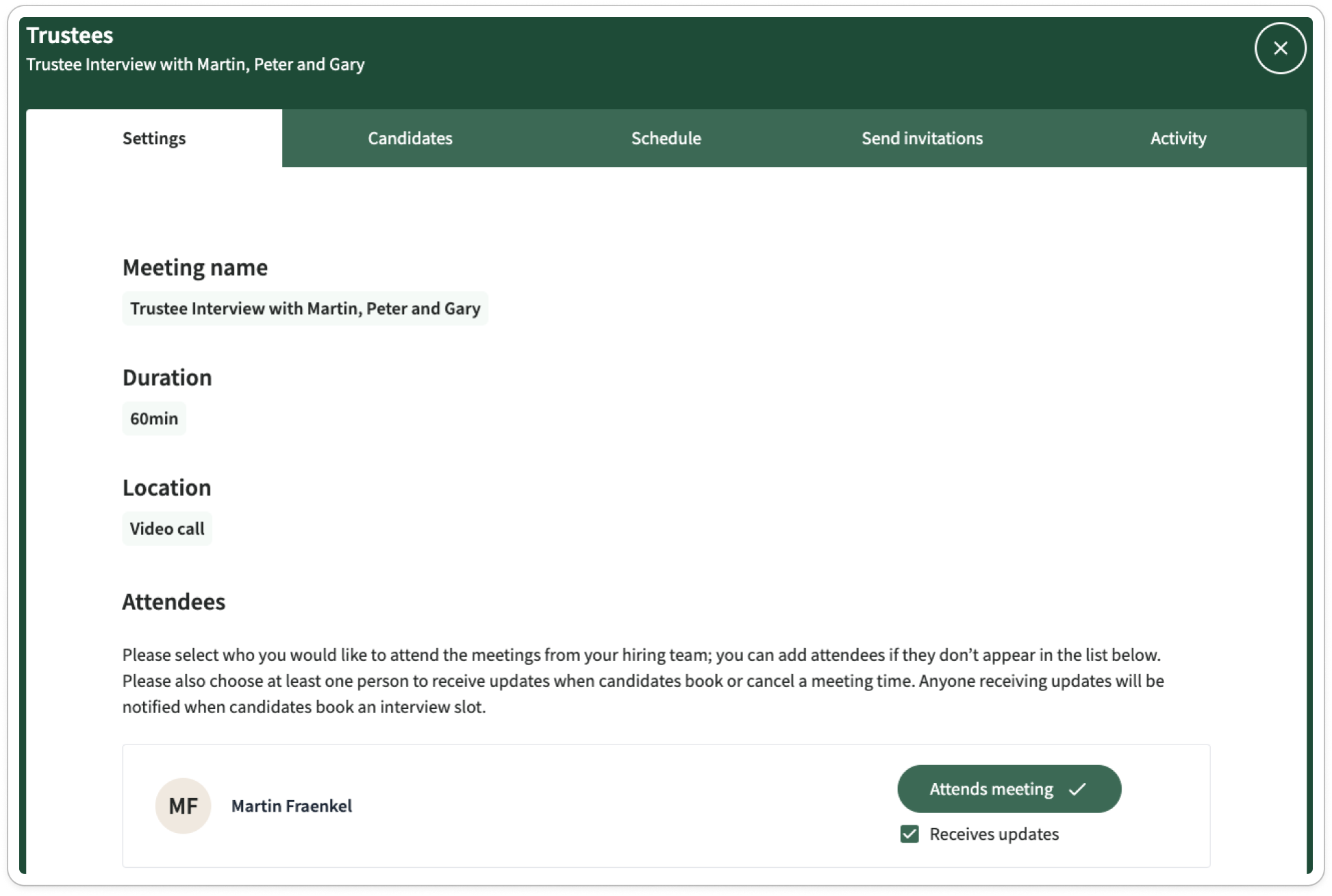 Screenshot of a digital meeting platform showing a meeting for trustees, with tabs labeled Settings, Candidates, Schedule, Send Invitations, and Activity. The meeting details include the title, duration of 60 minutes, and location as a video call. A 