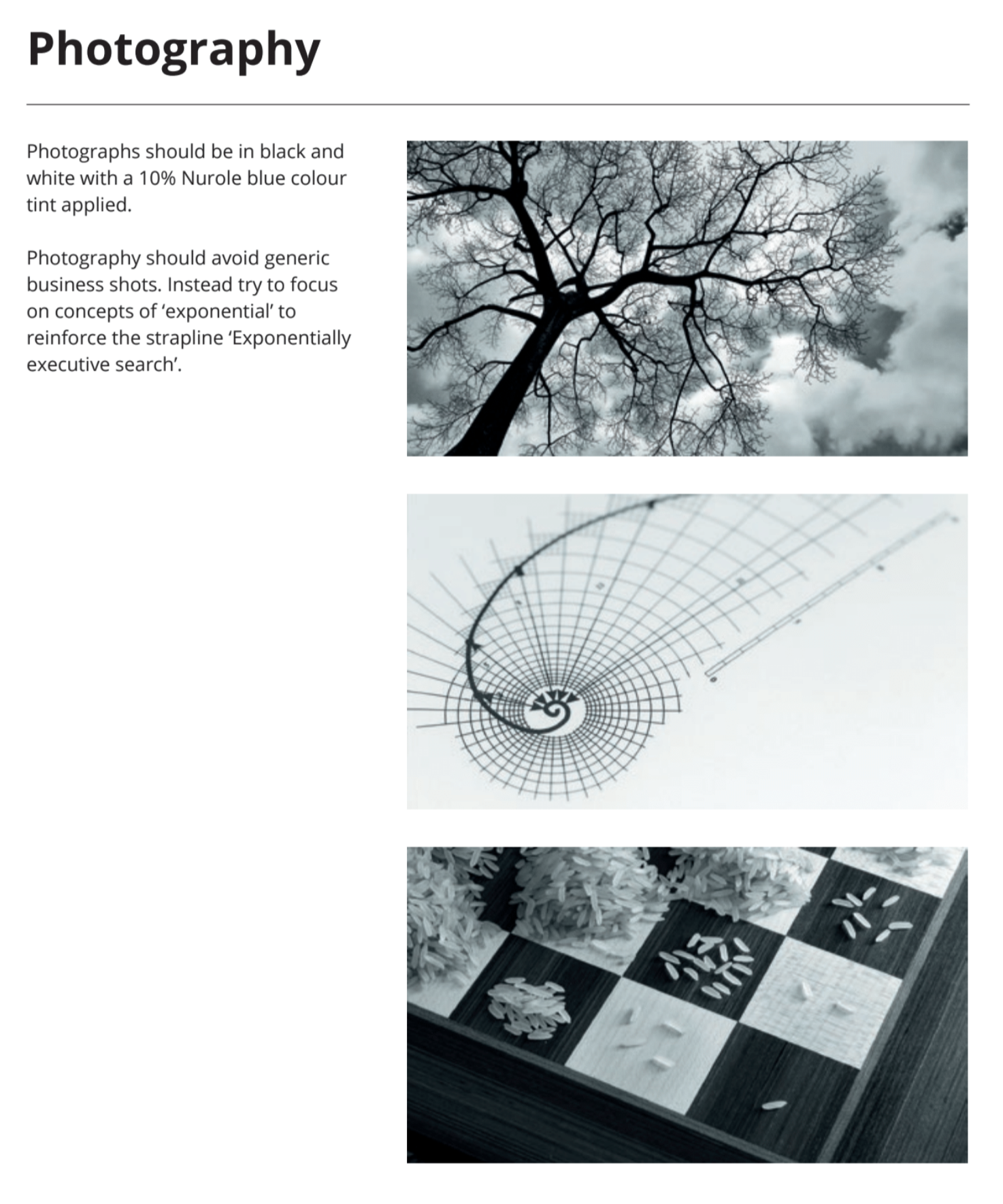 Two black and white photos, one of a leafless tree against a cloudy sky and the other of a chessboard with rice and pasta arranged on the tiles.