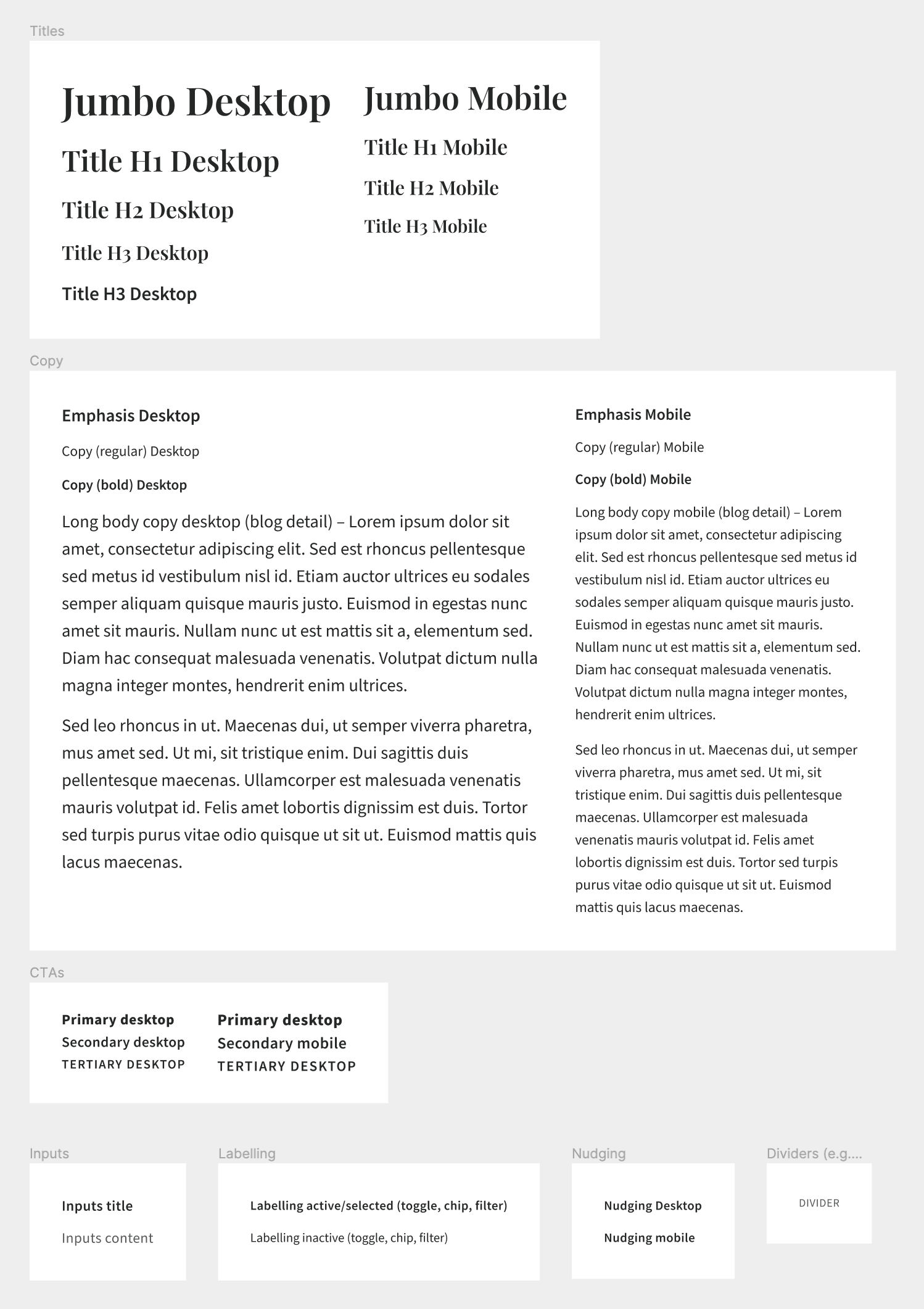 A digital style guide with sections showing font sizes for desktop and mobile, including headings and body text, and instructions for input fields, labeling, nudging, and dividers for web and mobile interfaces.