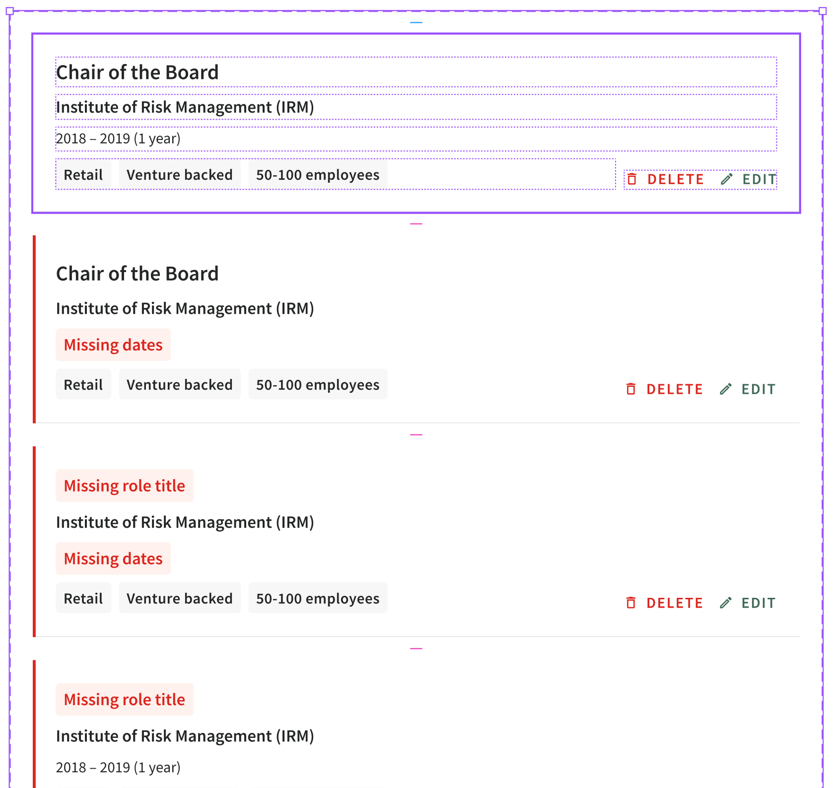 Screenshot of a spreadsheet or form with multiple entries for a role titled 'Chair of the Board' at the Institute of Risk Management (IRM). The entries include details like tenure from 2018-2019, organization, and number of employees. Some rows display red labels indicating 'Missing dates' or 'Missing role title', and options for editing or deleting the entries.