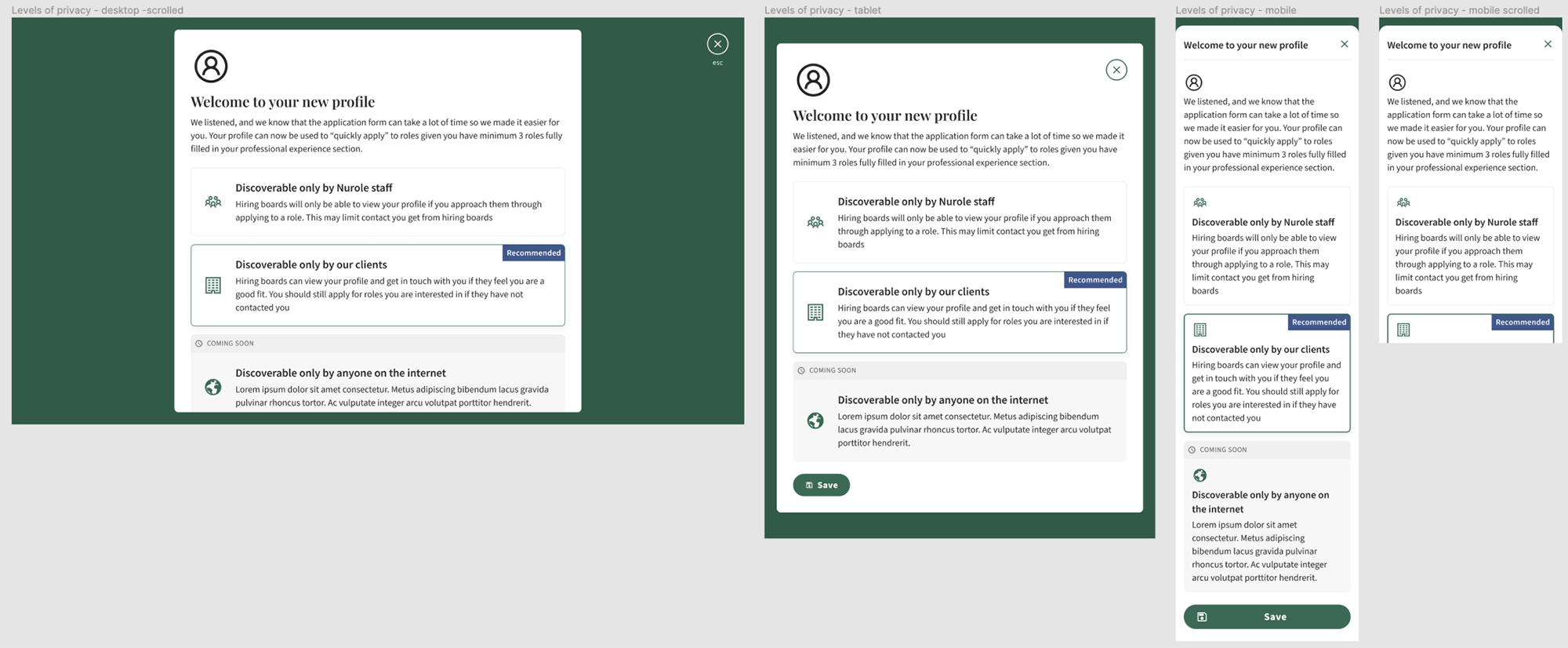 Screenshots of a user profile setup interface displayed on different devices: desktop, tablet, mobile, and mobile scrolled view. The interface includes a welcome message, information about profile discoverability by staff and clients, and a placeholder for internet discoverability. The design uses a green and white color scheme with icons and buttons for interaction.