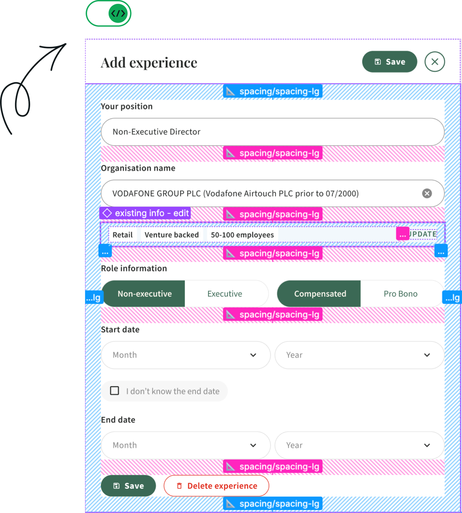 A computer screen showing a form to add work experience with fields for position, organization name, role information, start and end date, and options to save or delete the experience; various colorful markings indicating spacing and elements.