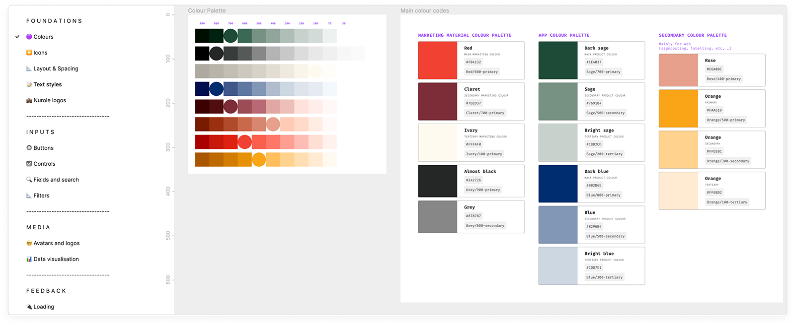 Computer screen displaying various color palettes labeled as marketing, app, and secondary color palettes, with color codes and names.