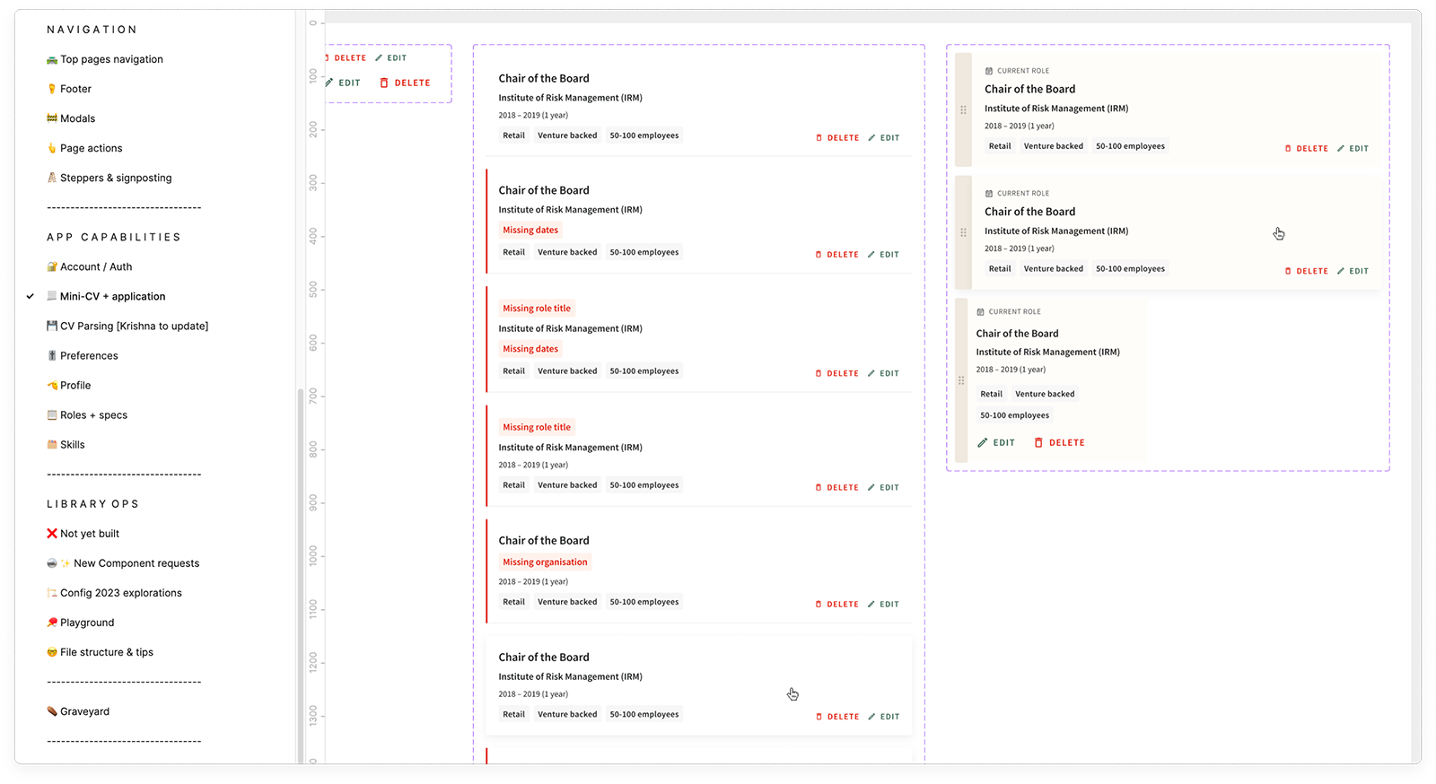 Screenshot of a project management or content management interface, showing a navigation sidebar on the left, a list of items labeled 'Chair of the Board' with details such as dates, roles, and status tags in the center, and identical items grouped o