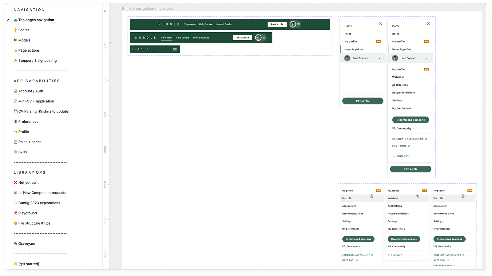 Screenshot of a website or application user interface design workspace. The interface contains various menu options on the left sidebar and multiple preview panels of page layouts on the right, featuring menu items, profile sections, and buttons in d