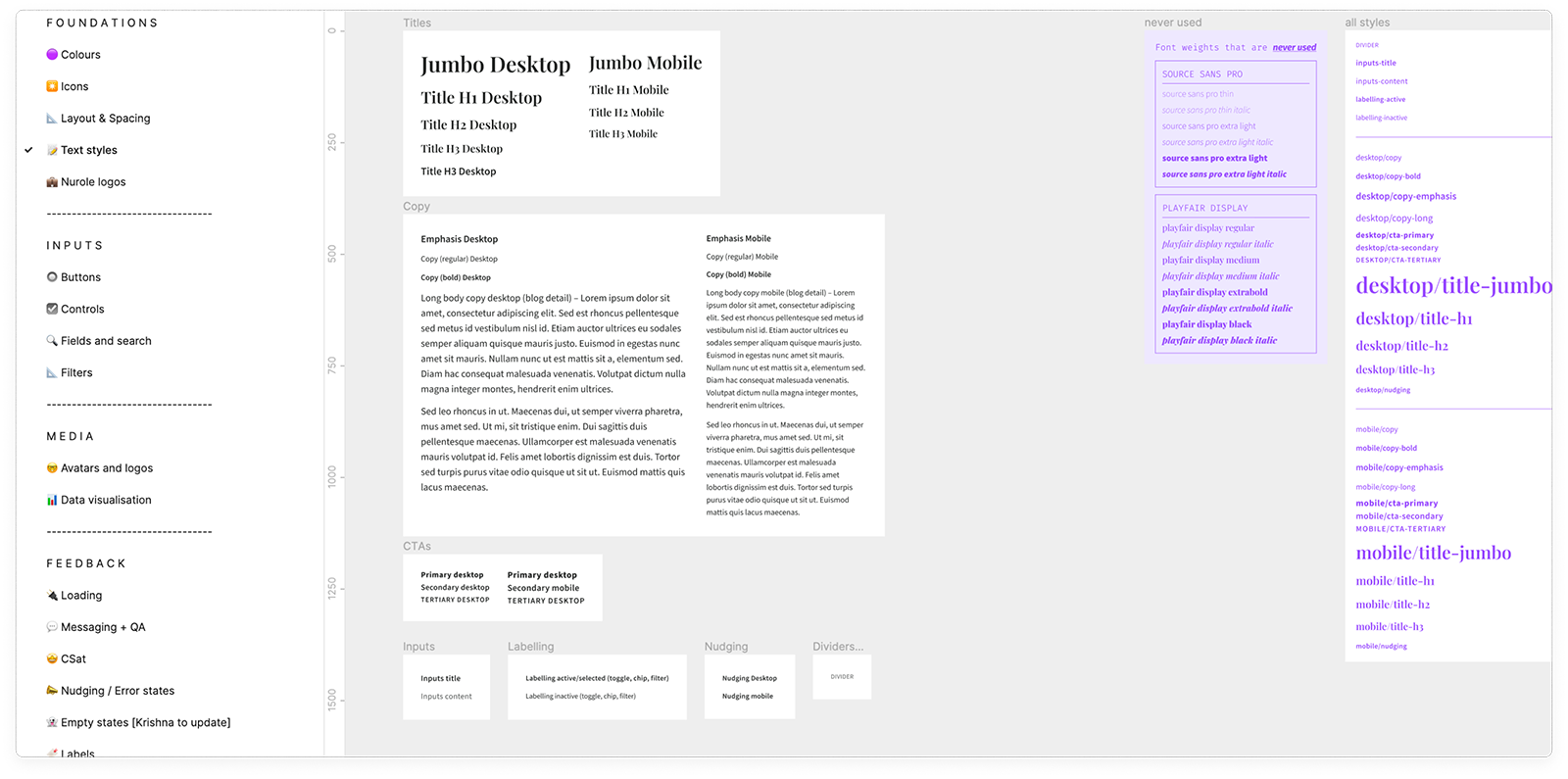 Screenshot of a design system or style guide related to desktop and mobile UI elements, including typography, icons, colors, controls, CTAs, and layout styles. The page features various sections with sample text, labels, and style descriptions.
