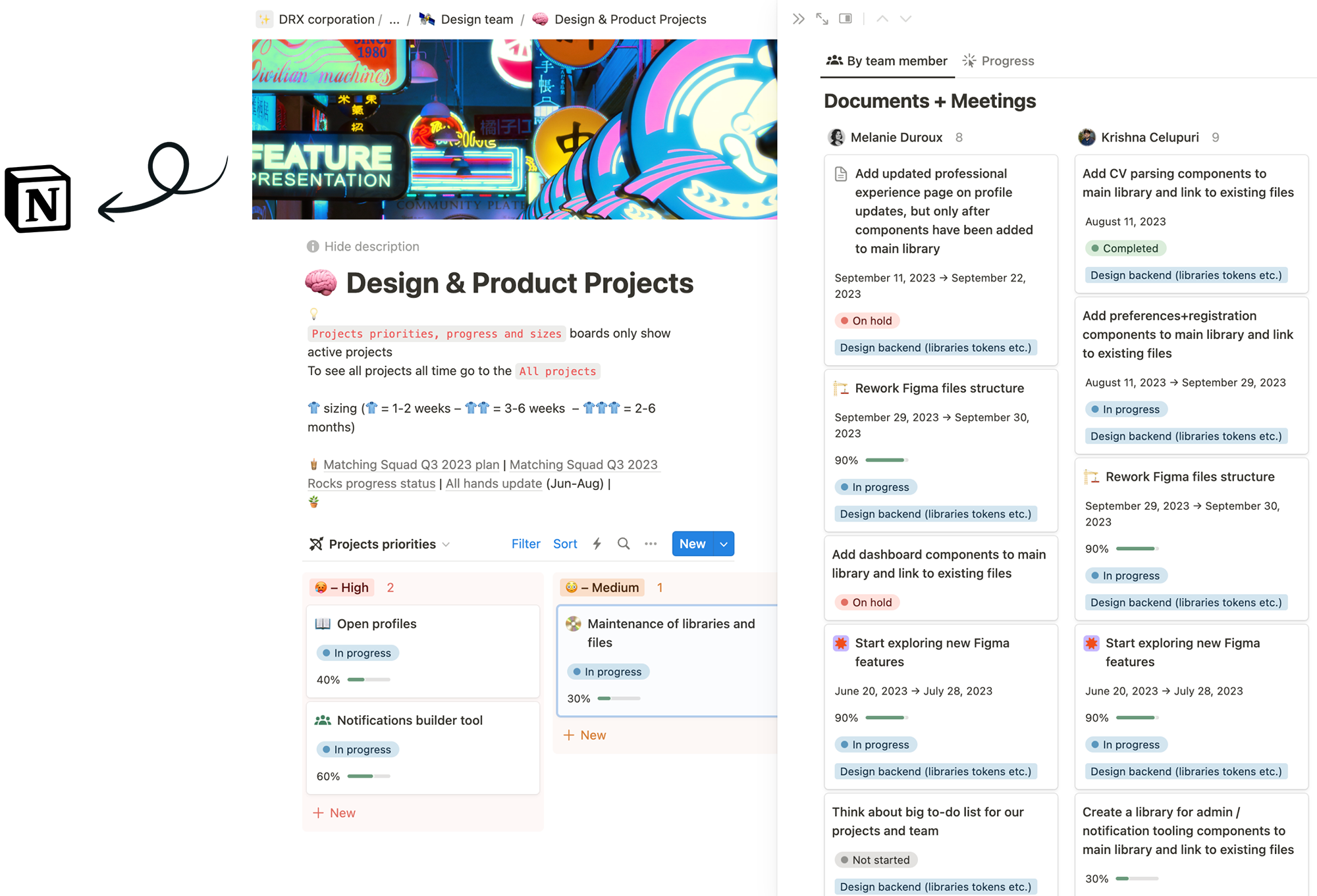 Screenshot of a digital project management board with sections for documents and meetings, displaying team member notes, project statuses, and progress bars. The background features colorful neon signs.