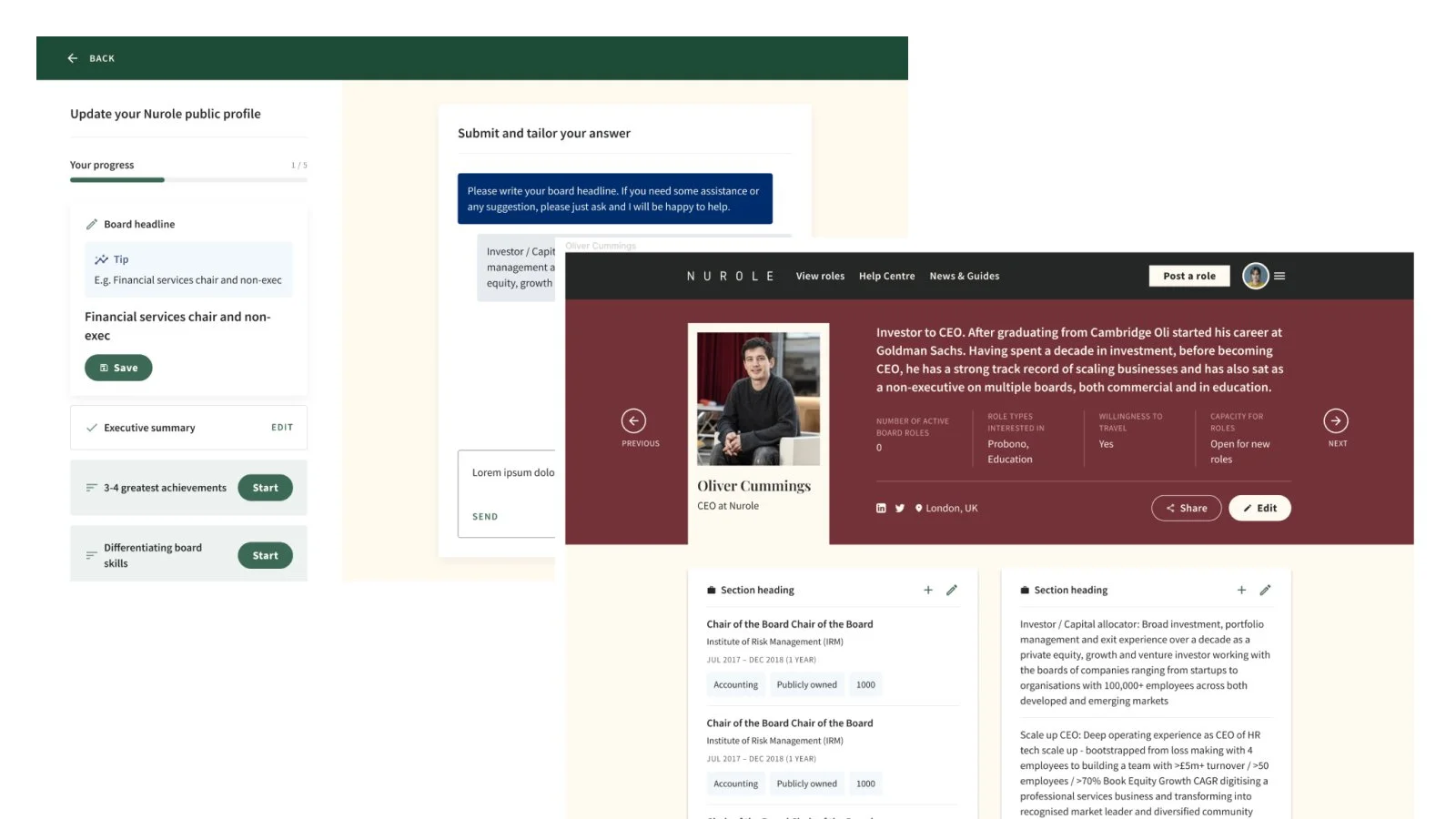 Screenshot of an online profile and resume editing platform, displaying a user profile for Oliver Cummings, CEO at Nurole. The screen includes sections for updating a board headline, executive summary, achievements, and skills. There is also a profile card with his photo, a brief biography, and social media links.