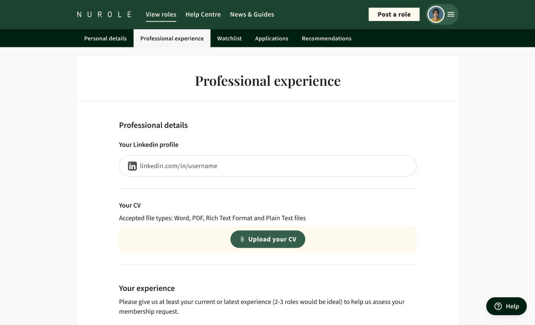 Screenshot of a professional experience section on a website, with links to LinkedIn and options to upload a CV, and fields for listing work experience.