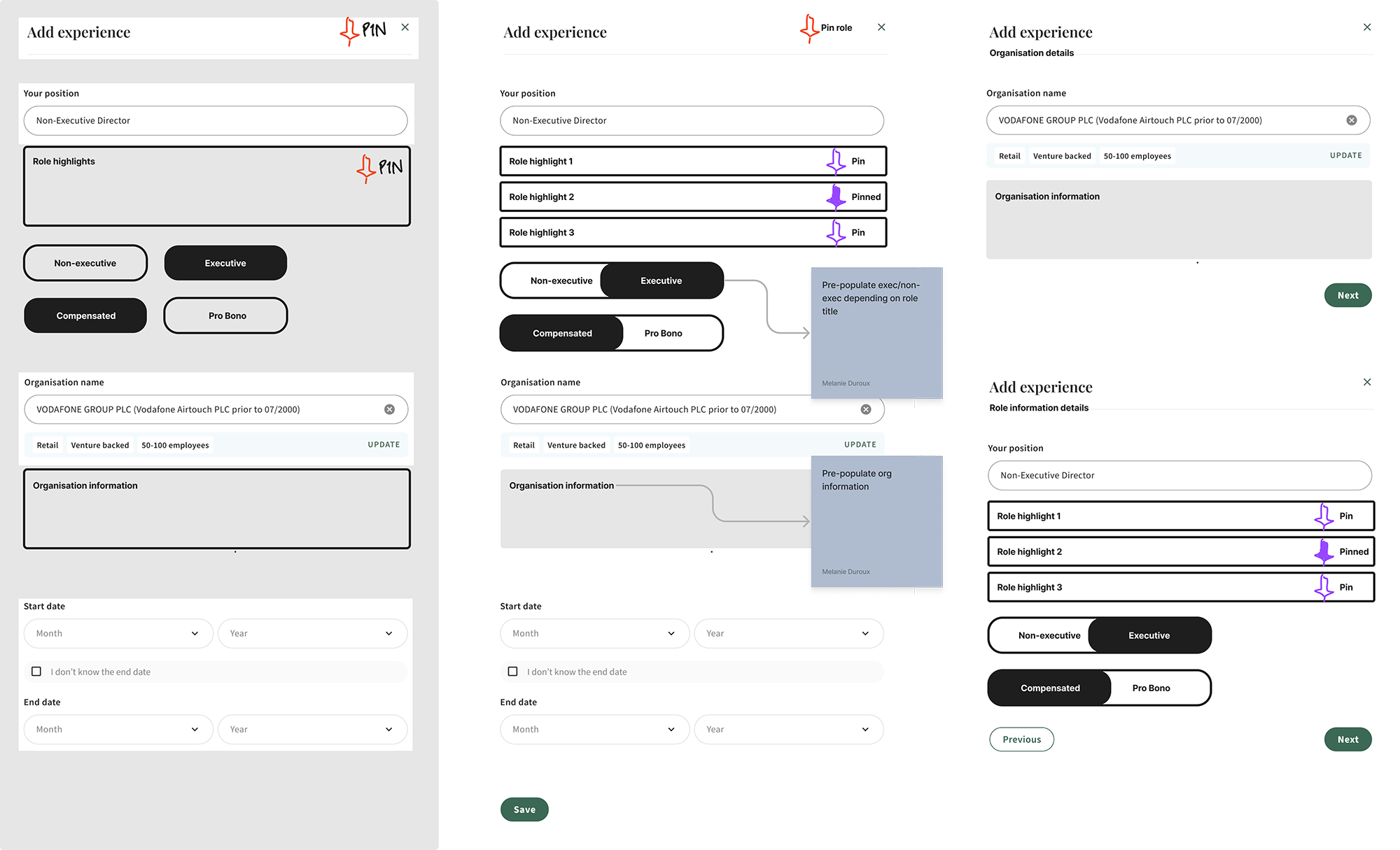 Screenshots of a form interface for adding work experience details, including fields for position, role highlights, organization name, industry, employee size, start and end dates, with options to select roles and employment type, and a section for organization details.