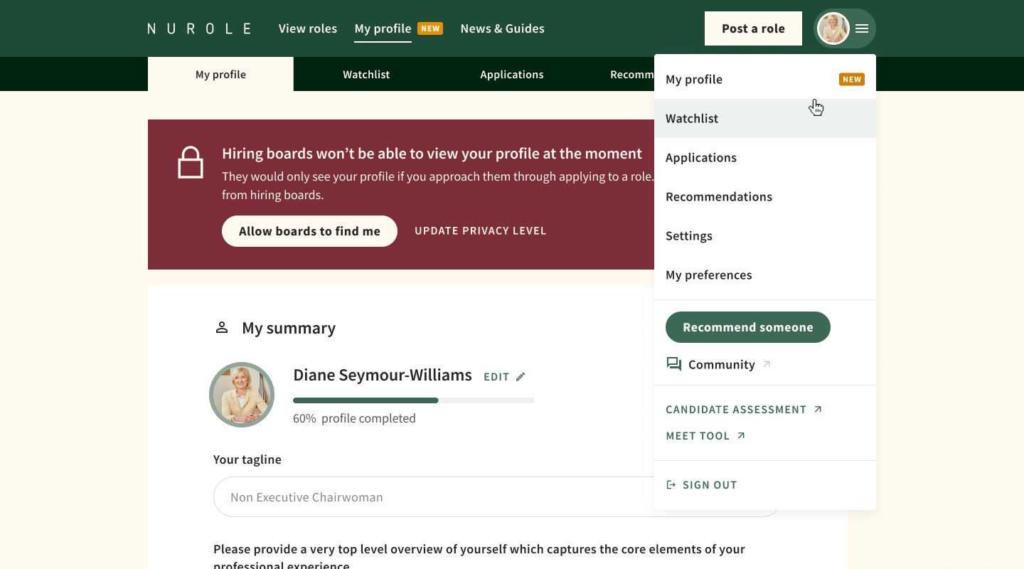 Screenshot of a user profile page on a professional networking website called Nurole. The page shows profile details, a navigation menu, and a red banner about privacy settings blocking hiring boards from viewing the profile.