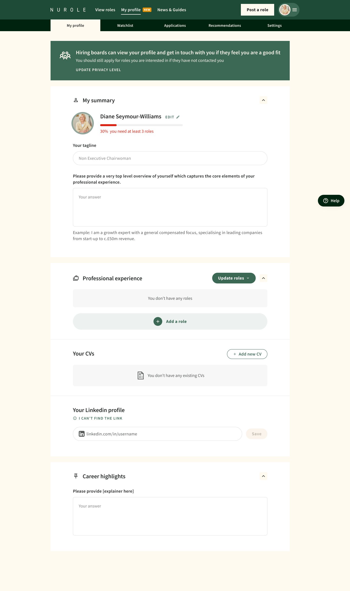 Screenshot of a profile page on a professional networking website, with sections for profile summary, professional experience, CVs, LinkedIn profile, and career highlights. The page has a green and beige color scheme and various editable fields.