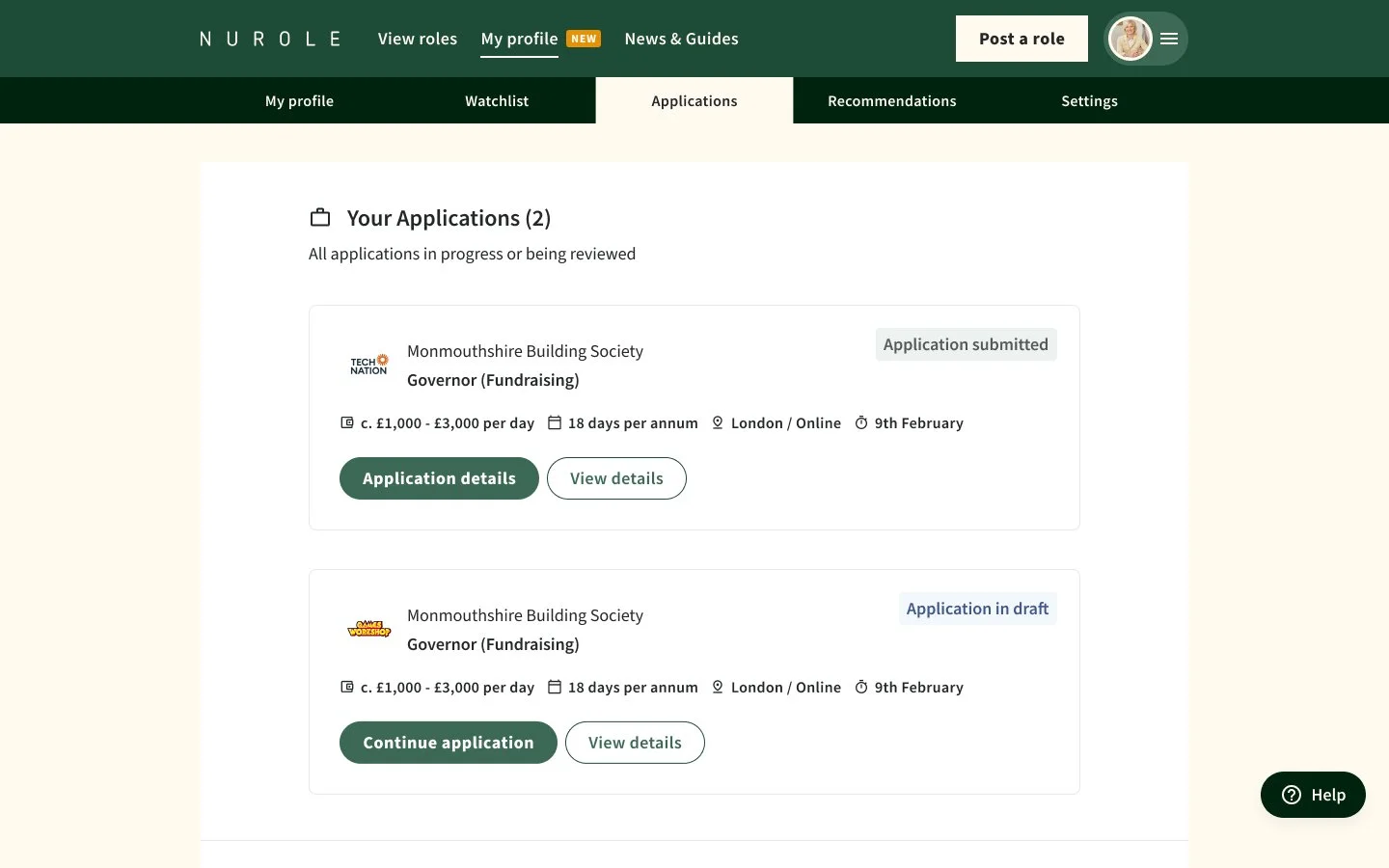 Screenshot of a job application portal page displaying two applications for the position of Governor (Fundraising) with Monmouthshire Building Society. One application has been submitted, and the other is in draft. Both applications show salary range