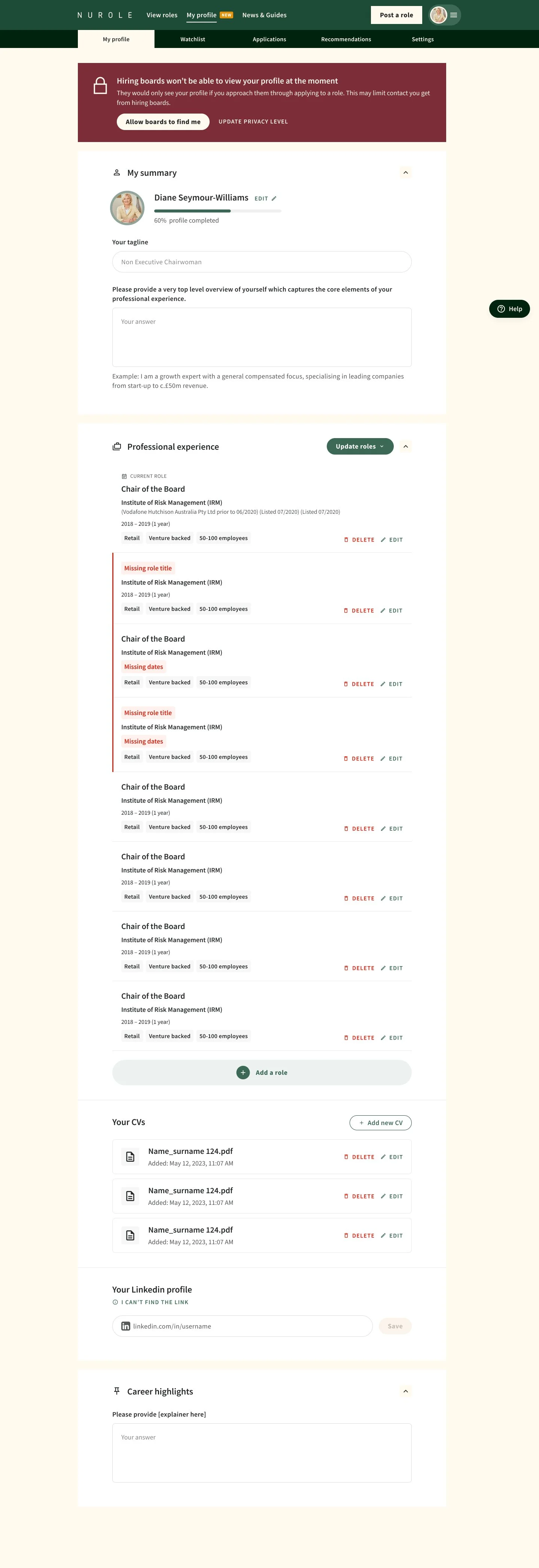Screenshot of a professional profile page on the Nurole platform displaying personal details, work experience, CVs, LinkedIn link, and career highlights section