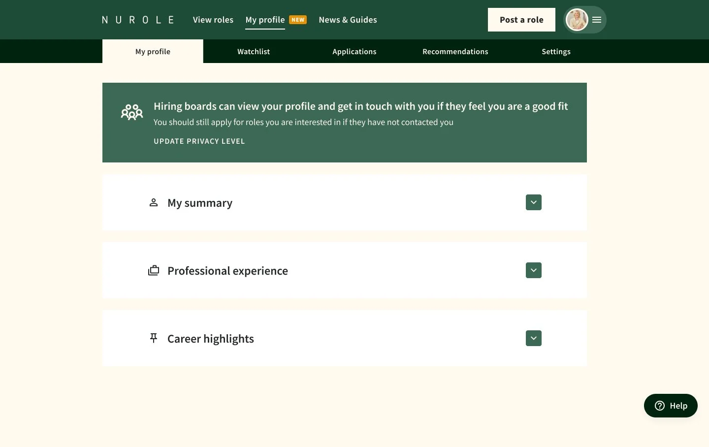 Screenshot of a professional profile dashboard on a website called Nurole, featuring sections for profile summary, professional experience, and career highlights, with a menu bar at the top and a help button at the bottom right.