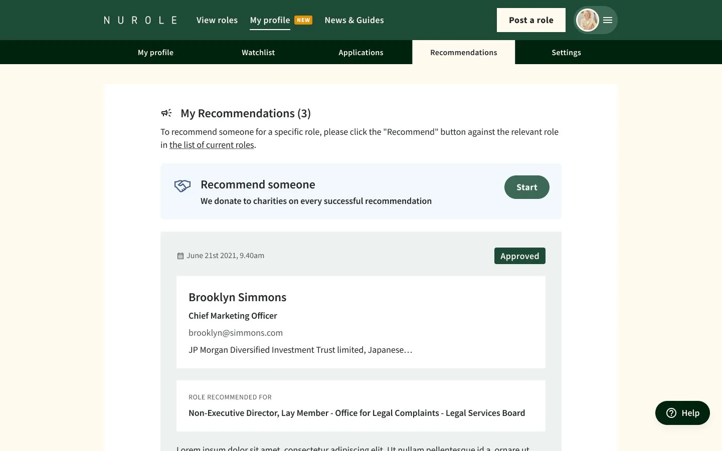 Screenshot of the Nurole platform displaying user recommendations for professional roles, including profile info and approval status.