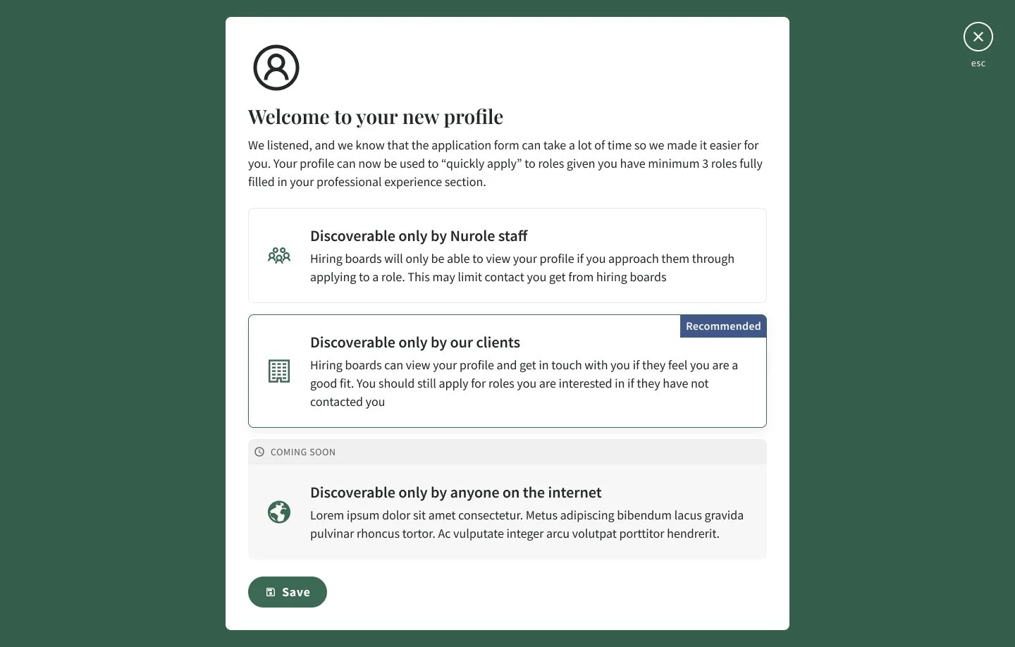 A screen showing a new profile setup page with a circle icon of a person at the top. The page title is "Welcome to your new profile" and contains information about profile visibility options for Nurole staff, clients, and anyone on the internet. Ther
