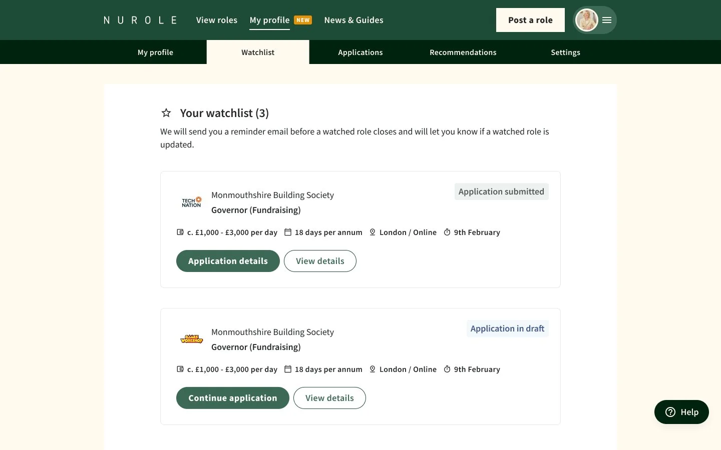 Screenshot of a webpage from NuRole showing a user's watchlist with three items, including details about job applications for the Monmouthshire Building Society for the role of Governor (Fundraising), with options to view details or continue applicat