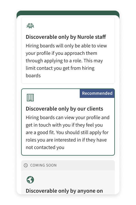 A digital interface with three sections discussing privacy options for viewing profiles on a hiring platform, including staff-only, client-only, and public visibility options.