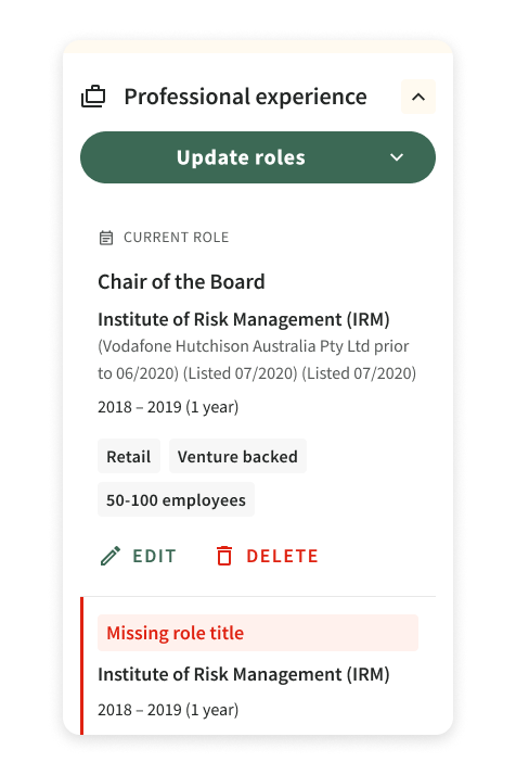 Screenshot of a professional experience section in a job application or profile interface, showing a role as Chair of the Board at the Institute of Risk Management, with options to update roles, edit or delete, and a missing role title warning.