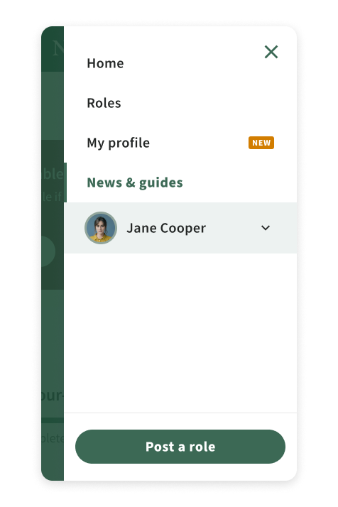 Mobile app menu showing options for Home, Roles, My profile, News & guides, user Jane Cooper's profile picture, and a 'Post a role' button at the bottom.