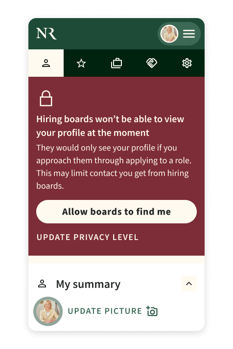 A mobile app screen showing a LinkedIn profile page with a message about hiring boards not being able to view the profile unless the user allows it, and an option to update privacy settings and profile picture.