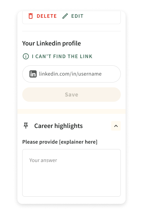 Screenshot of a LinkedIn profile editing page, showing a section for Career Highlights with a prompt to provide an explanation.