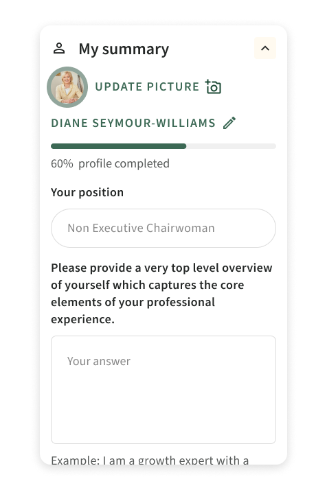 Screenshot of a mobile profile editing page showing a profile picture, name Diane Seymour-Williams, profile completion at 60%, and fields for current position 'Non Executive Chairwoman' with a prompt to provide a top-level overview of professional ex