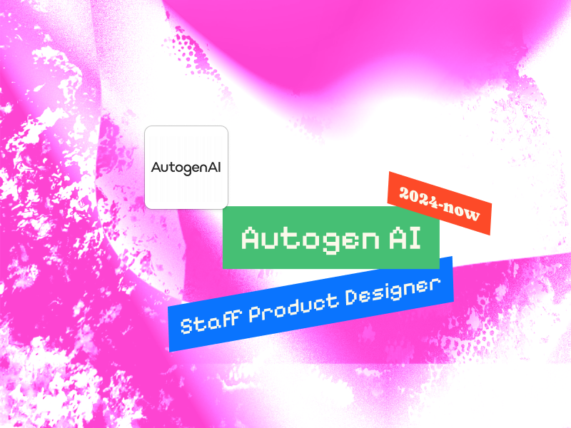 Digital graphic with pink and white abstract background, featuring boxes labeled 'AutogenAI,' '2024-now,' and 'Staff Product Designer' in colorful rectangles.
