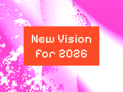 Digital graphic with pink and purple abstract background and a red rectangle containing white pixelated text that reads 'New Vision for 2068'.
