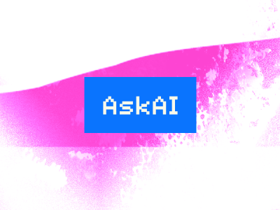 Pink and purple abstract background with a blue rectangular box labeled 'AskAI' in pixelated font.