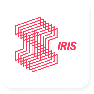 A stylized pink geometric design resembling a 3D letter 'I' with the word 'IRIS' in pink beside it.