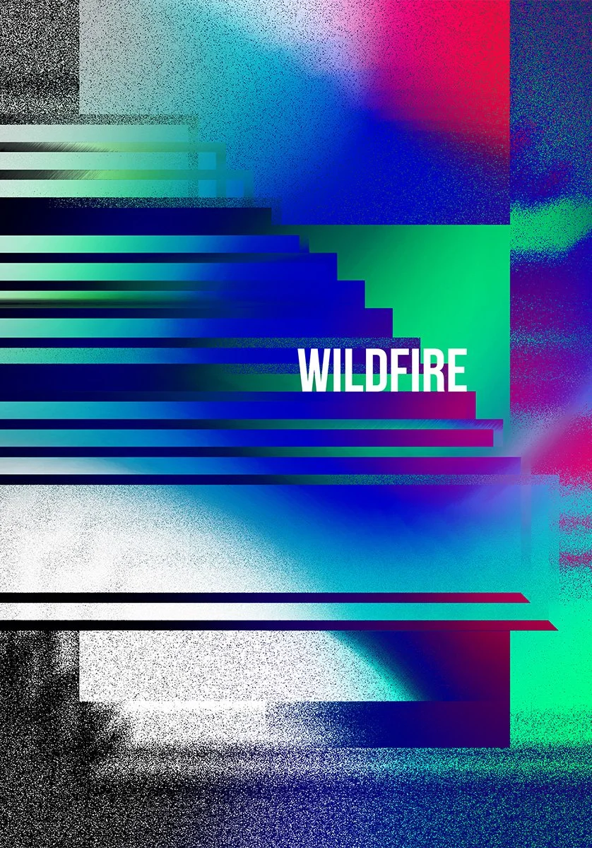 Abstract digital artwork with colorful horizontal and diagonal streaks in shades of green, blue, pink, and purple, with the word 'WILDFIRE' in white and green text.