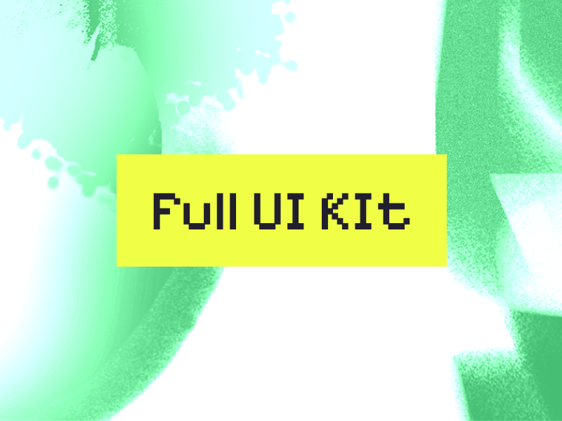 A digital graphic with a bright yellow rectangle containing the text 'FULL UI KIT' in pixelated black font, overlaying an abstract green and white background.