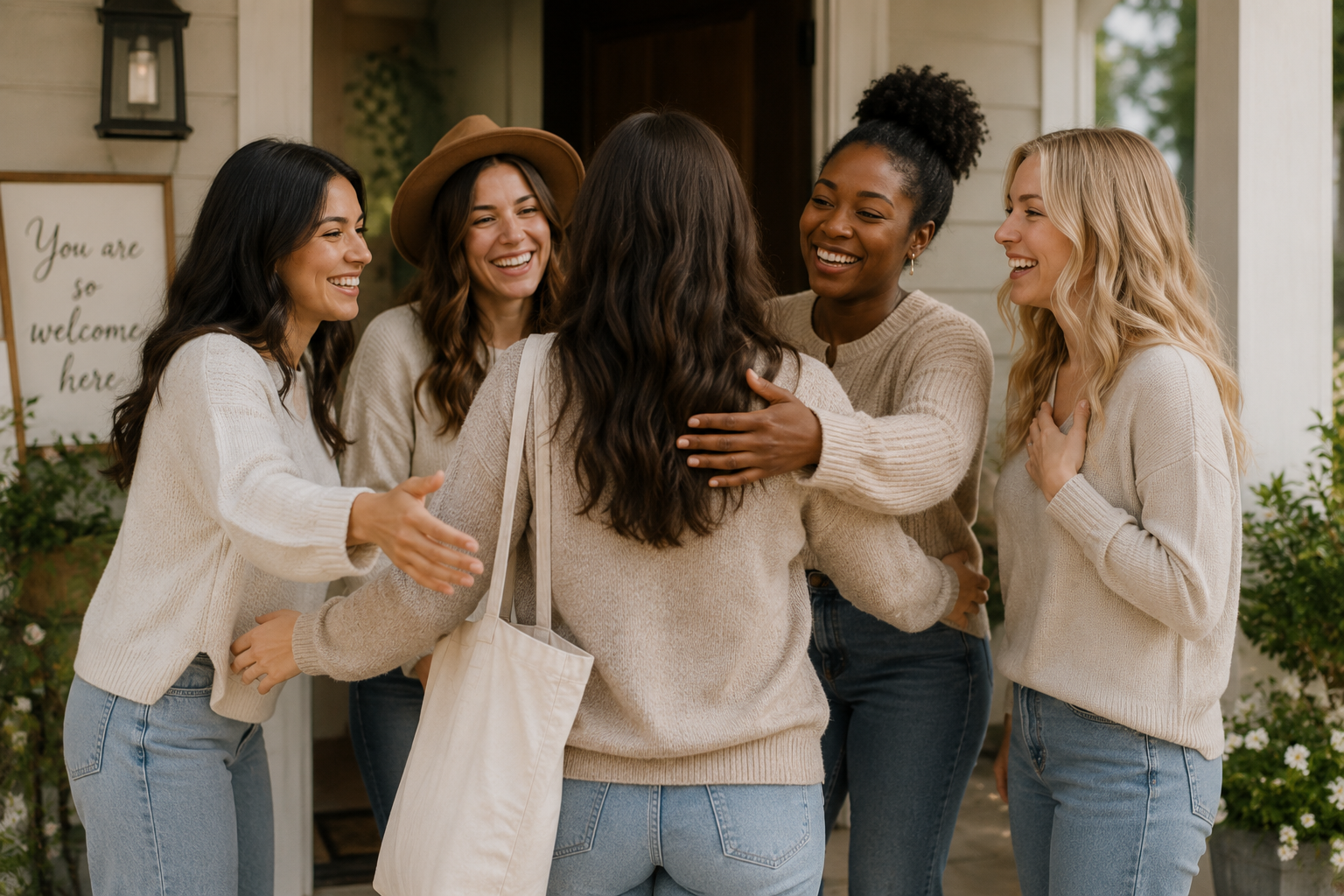 Group of five women greeting each other with hugs and smiles in front of a house with a sign that says "You are so welcome here."