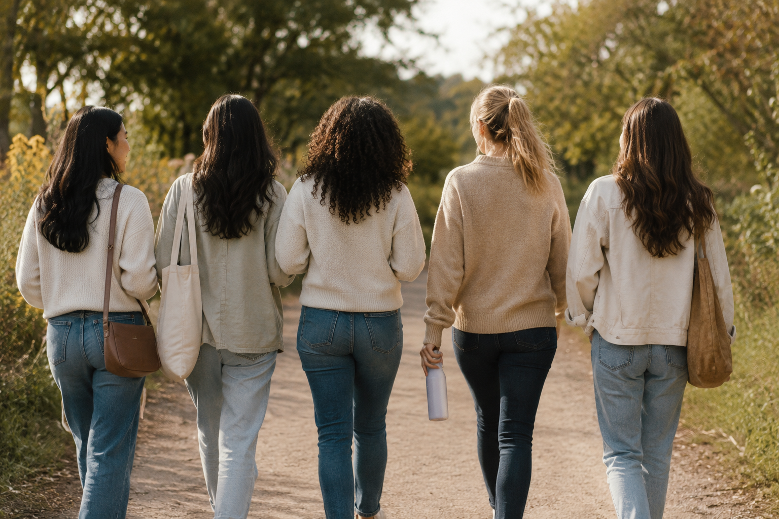 Five women walking on a dirt path through a park during fall, dressed in casual sweaters and jeans, carrying bags and bottles.
