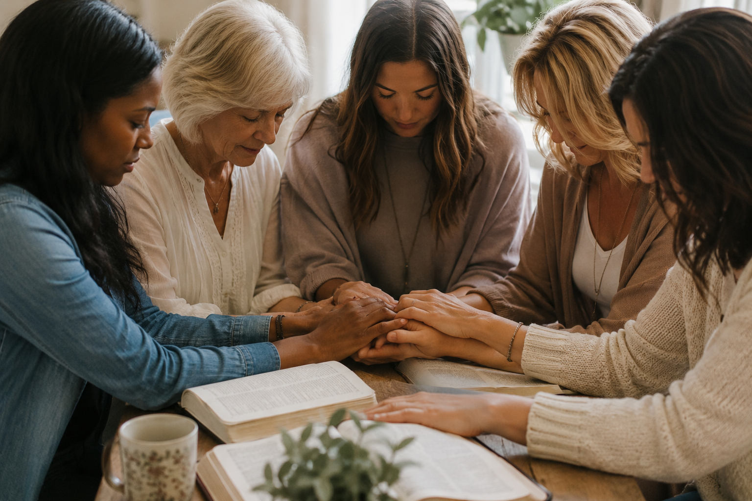 Six women, of diverse ages, gather around a table with open books, holding hands, in a moment of prayer or reflection.